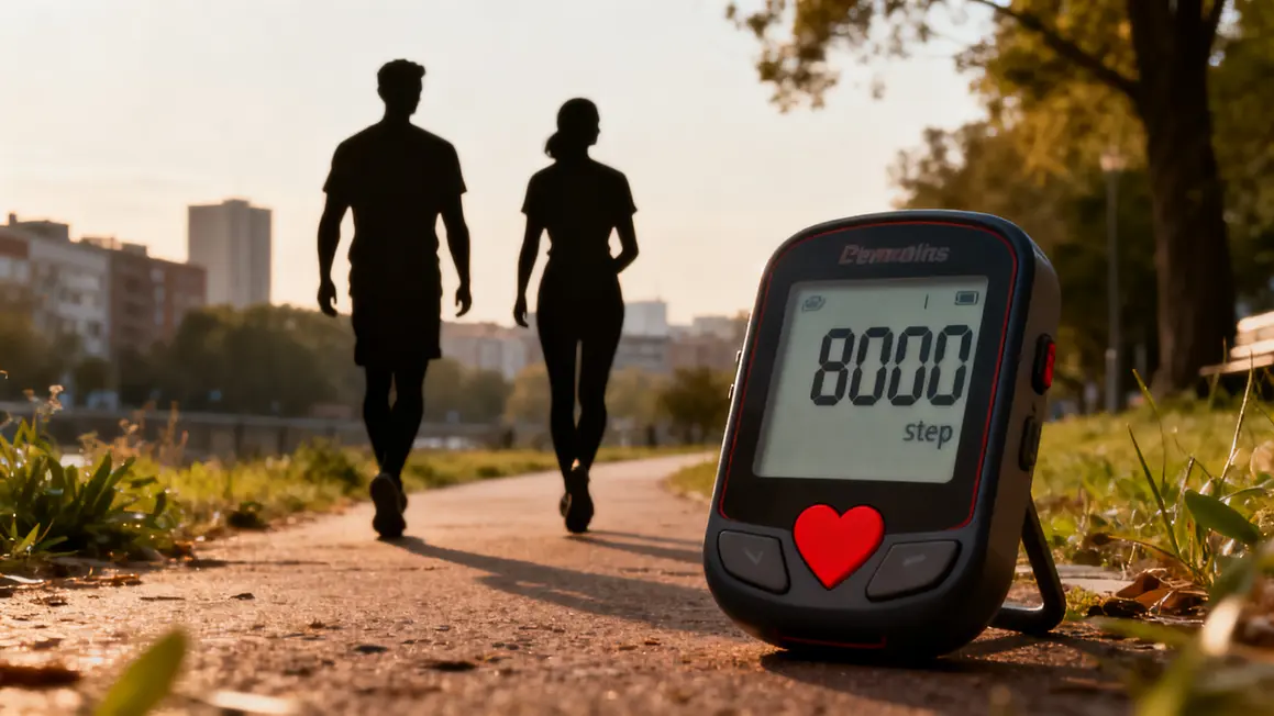 deux silhouettes marche 8000 pas podometre coeur