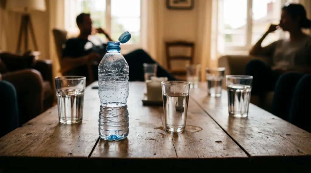 bouteille d eau plastique ouverte sur table en été