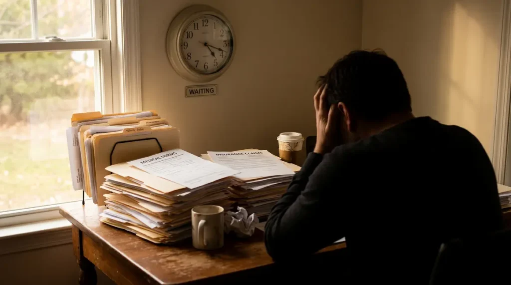 bureau cure thermale pile dossiers personne stress