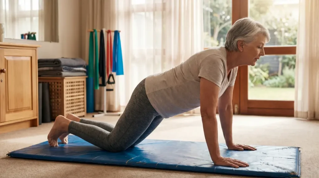 Senior faisant pilates posture planche genoux cabinet kinesitherapie
