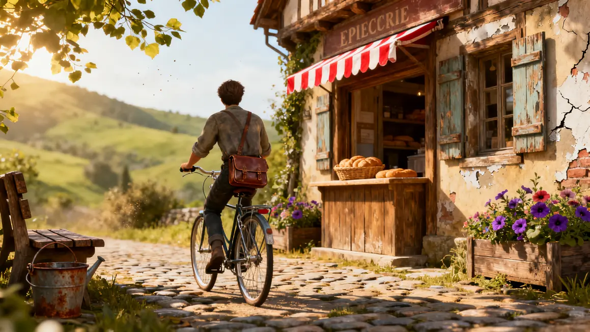 Facteur velo devant epicerie campagne village seniors