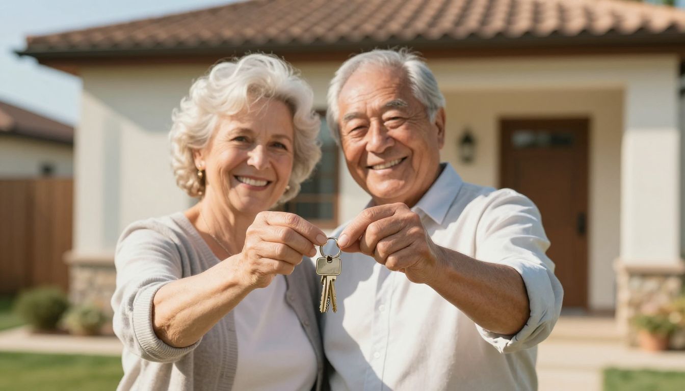 Couple de retraités devant leur maison, projet immobilier financé après 60 ans